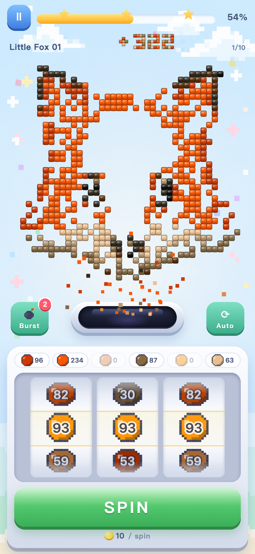 Gameplay screen after a Burst has cleared a large part of the board