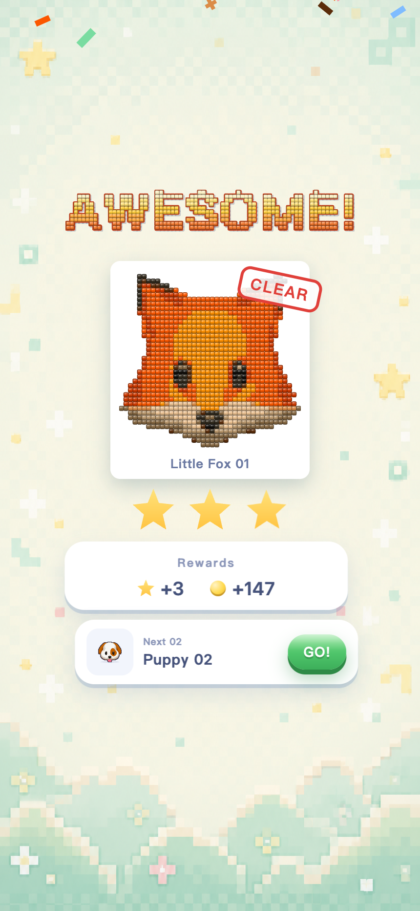 Clear screen with confetti, a CLEAR stamp and three stars