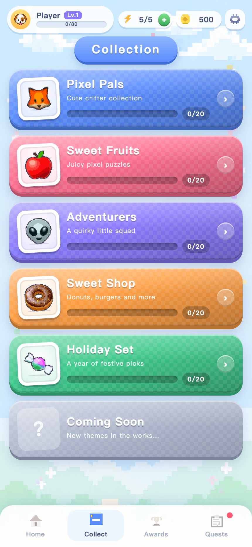 Collection screen listing five pixel themes