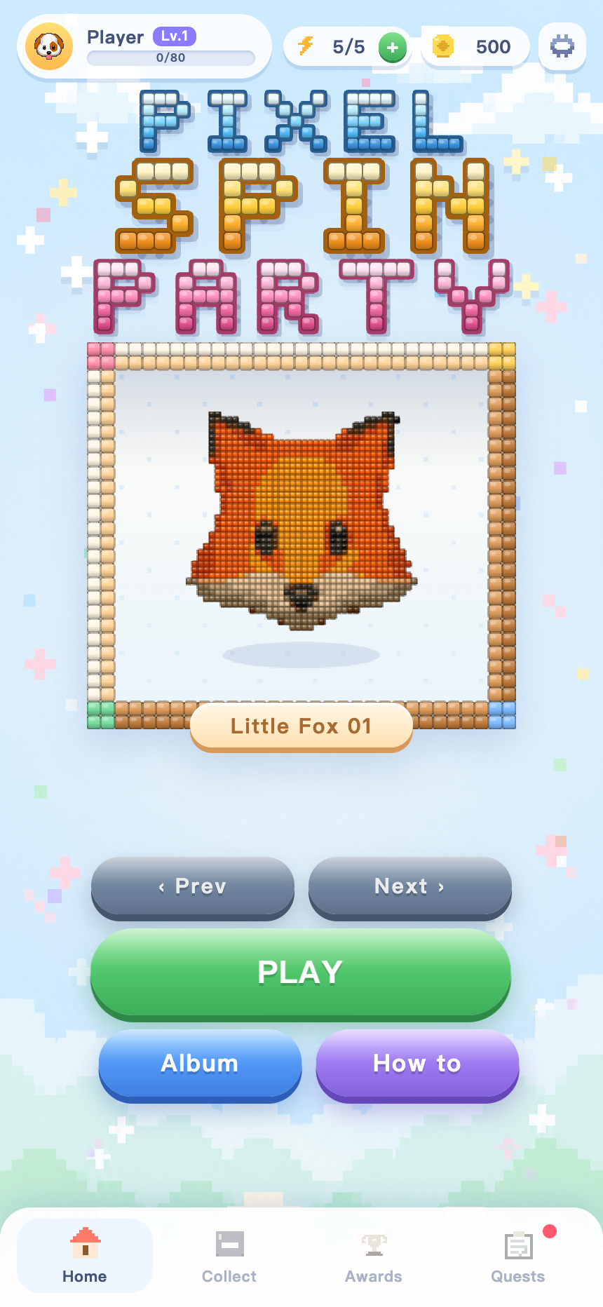 Pixel Spin Party home screen with the pixel logo, an arcade frame and the PLAY button