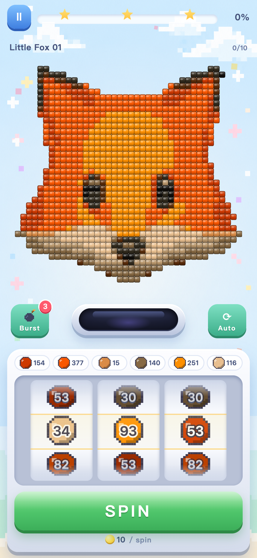 Gameplay screen showing a pixel fox board and the three-lane color reel